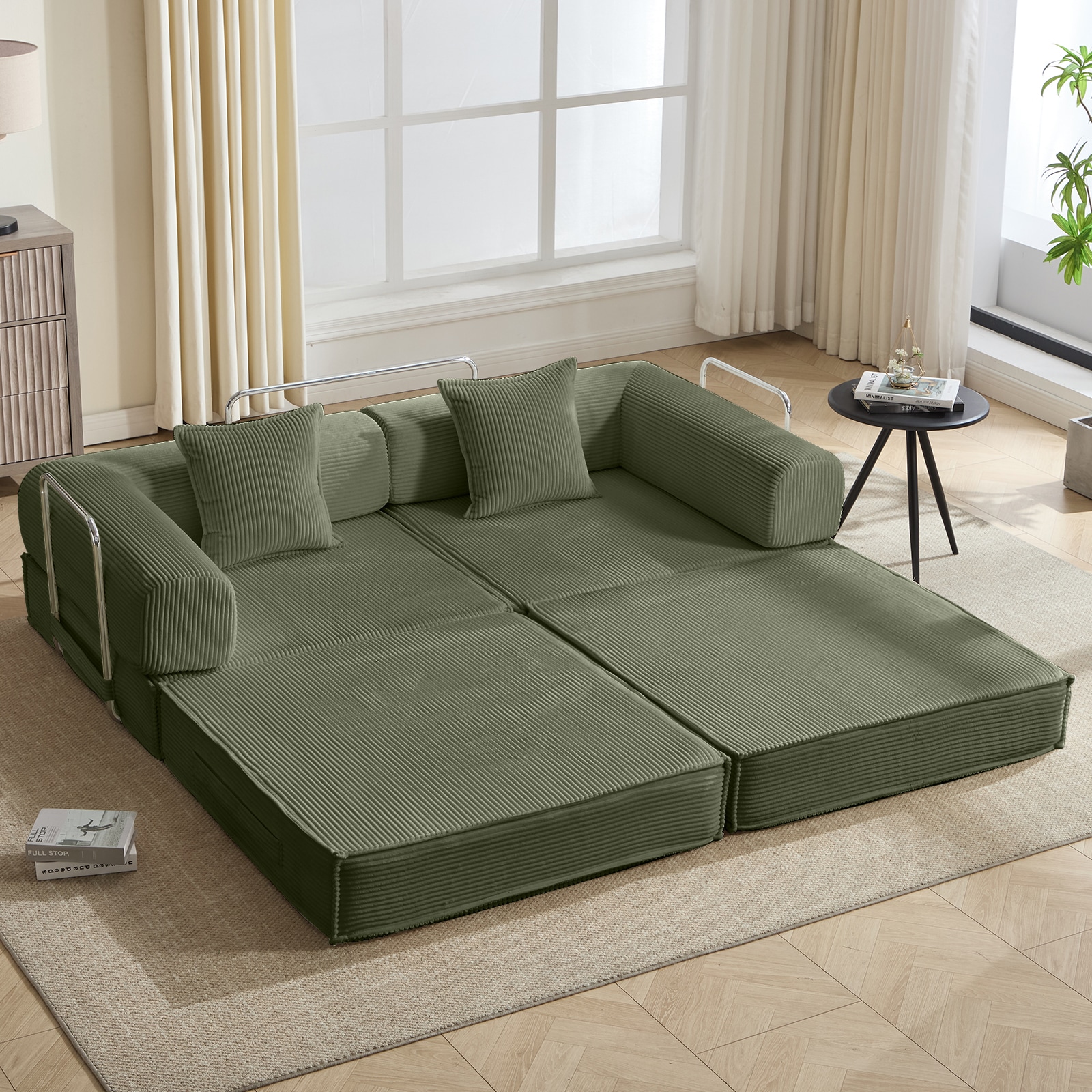 Convertible Sleeper Sofa Bed Modular Corduroy Couch With Pillows_voghion.com